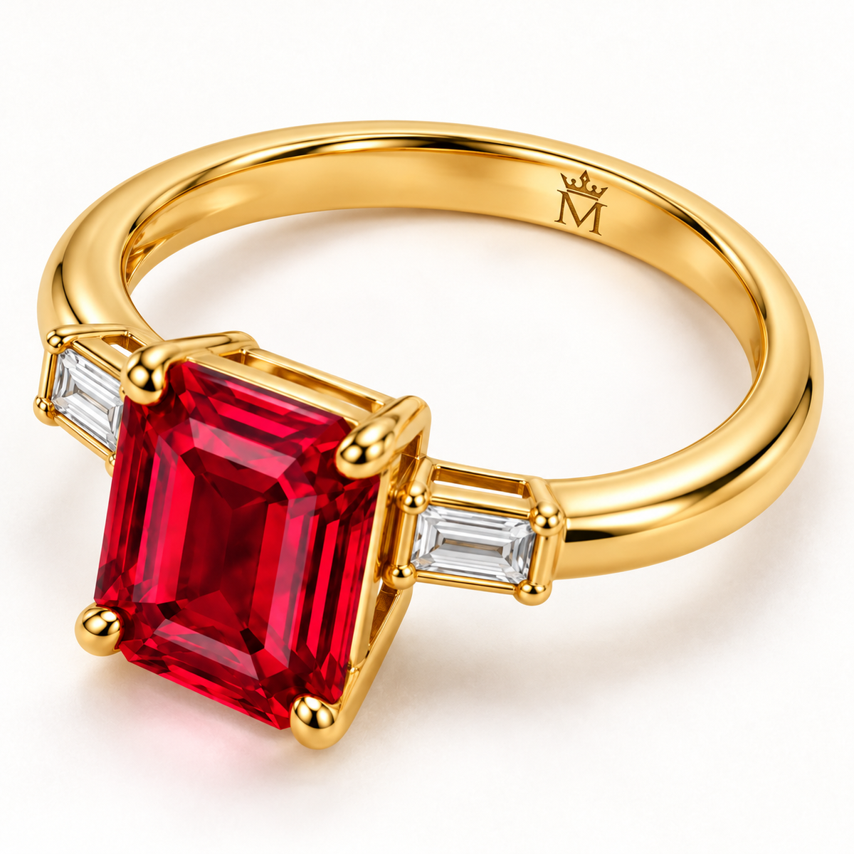 MISSISSI MR01 emerald-cut lab-grown ruby ring in yellow gold with step-cut diamond side stones, inner-band crown-and-M engraving detail; design visualization