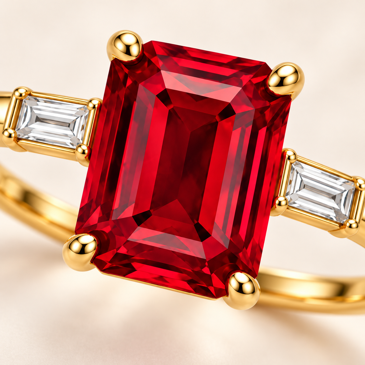 MISSISSI MR01 emerald-cut lab-grown ruby ring in yellow gold with step-cut diamond side stones, gemstone and setting macro; design visualization