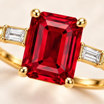 MISSISSI MR01 emerald-cut lab-grown ruby ring in yellow gold with step-cut diamond side stones, gemstone and setting macro; design visualization