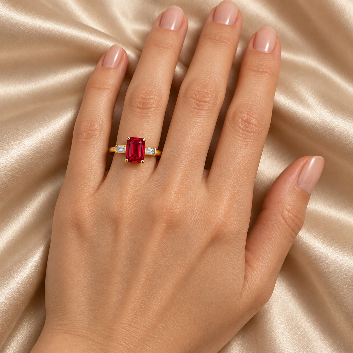 MISSISSI MR01 emerald-cut lab-grown ruby ring in yellow gold with step-cut diamond side stones, adult left-hand wearing view; design visualization