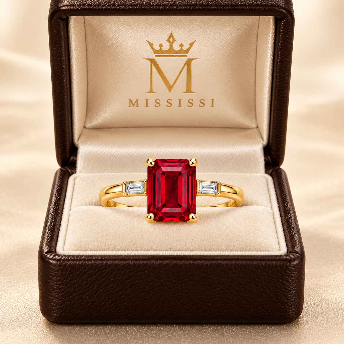 MISSISSI MR01 emerald-cut lab-grown ruby ring in yellow gold with step-cut diamond side stones, branded presentation packaging; design visualization