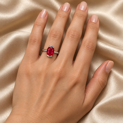 MISSISSI Ruby Stillwater Lab-Grown Ruby Ring, wearing view; design visualization
