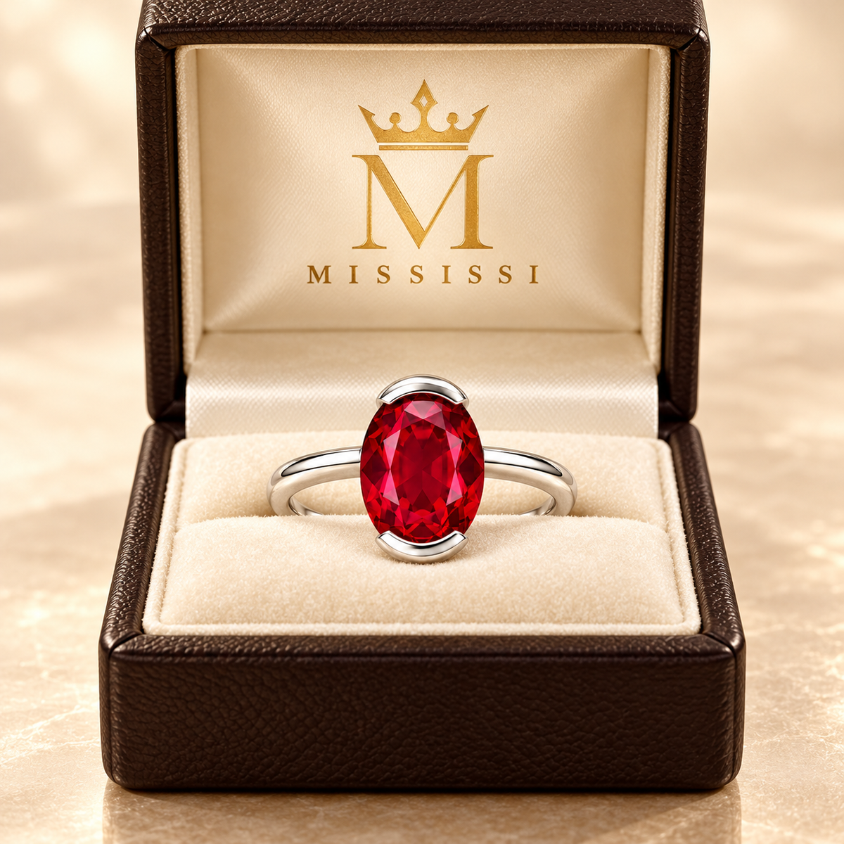 MISSISSI Ruby Stillwater Lab-Grown Ruby Ring, branded packaging view; design visualization