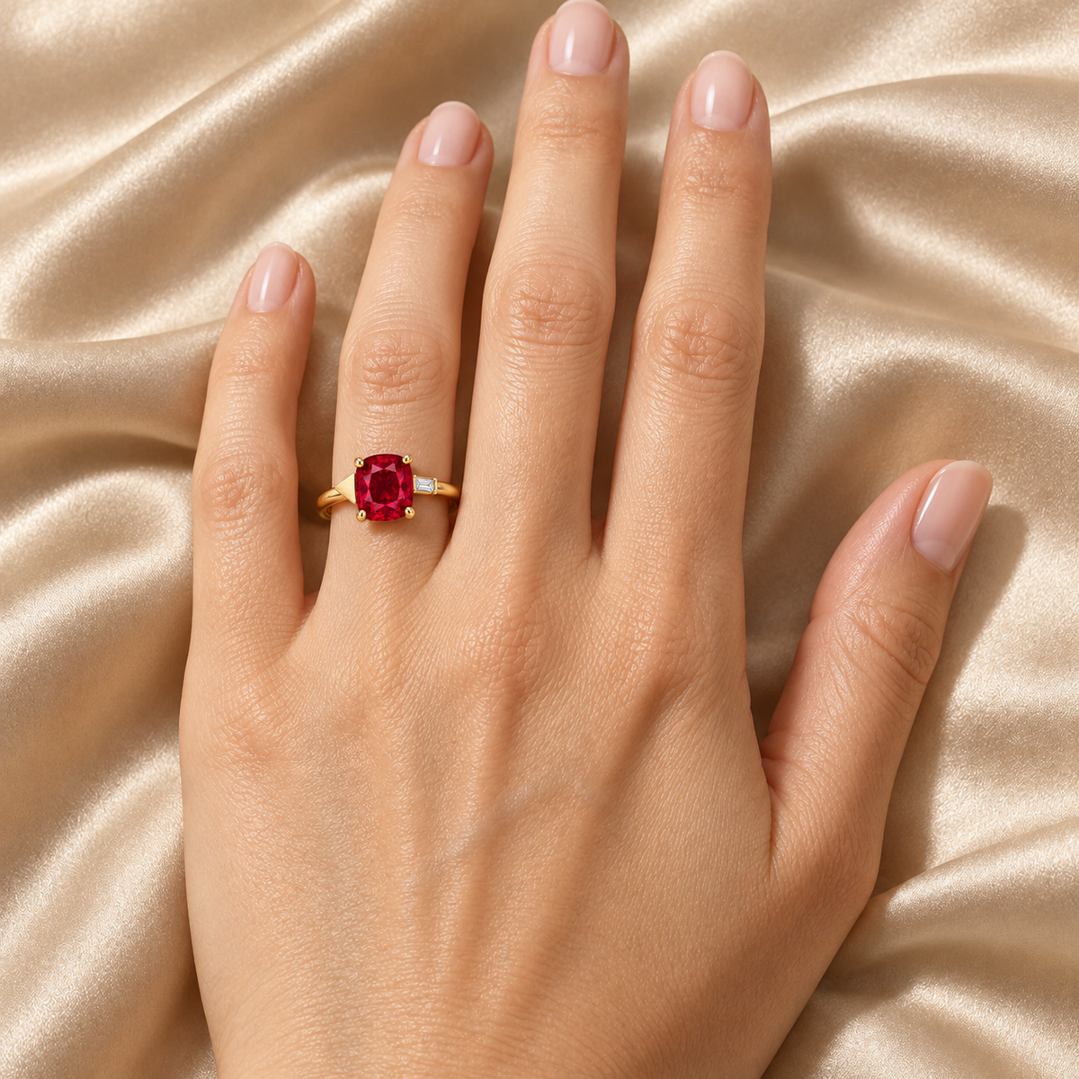 MISSISSI Scarlet Offset Lab-Grown Ruby & Diamond Ring, wearing view; design visualization