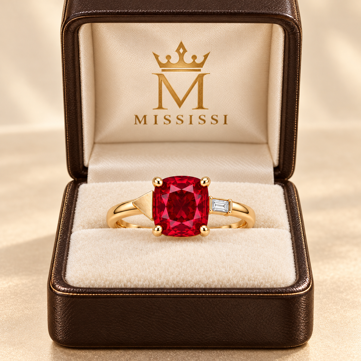MISSISSI Scarlet Offset Lab-Grown Ruby & Diamond Ring, branded packaging view; design visualization
