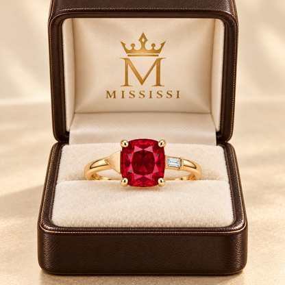 MISSISSI Scarlet Offset Lab-Grown Ruby & Diamond Ring, branded packaging view; design visualization