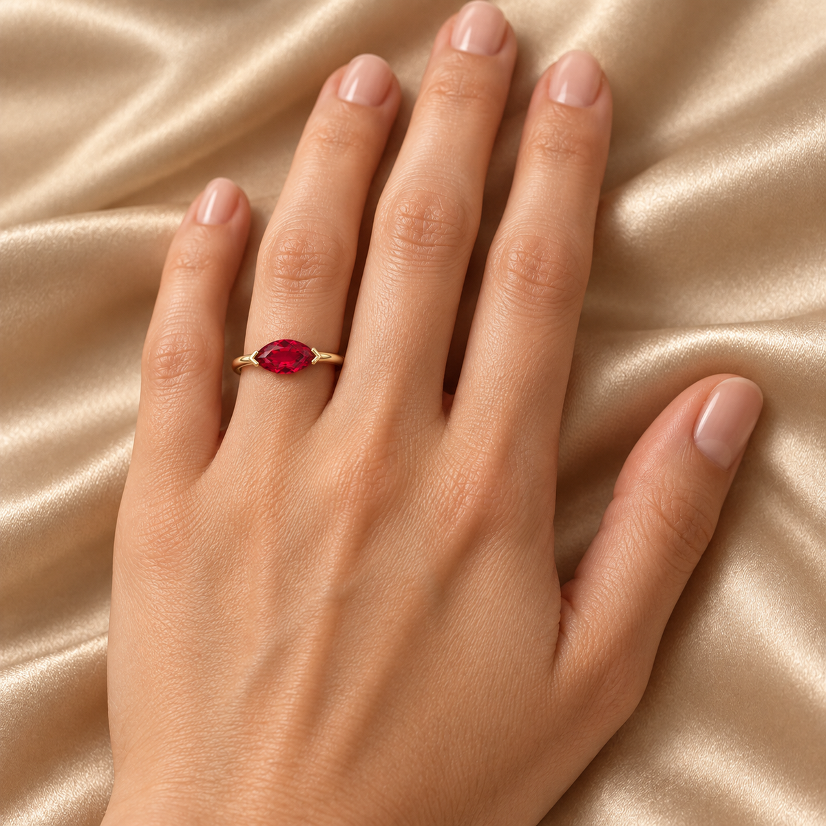 MISSISSI Ruby Solstice Lab-Grown Ruby Ring, wearing view; design visualization