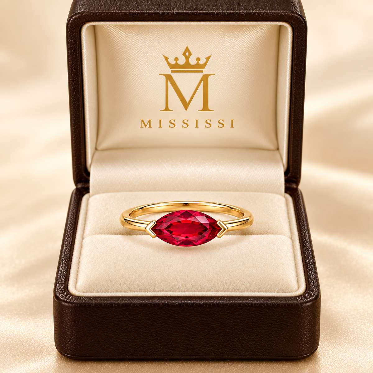 MISSISSI Ruby Solstice Lab-Grown Ruby Ring, branded packaging view; design visualization