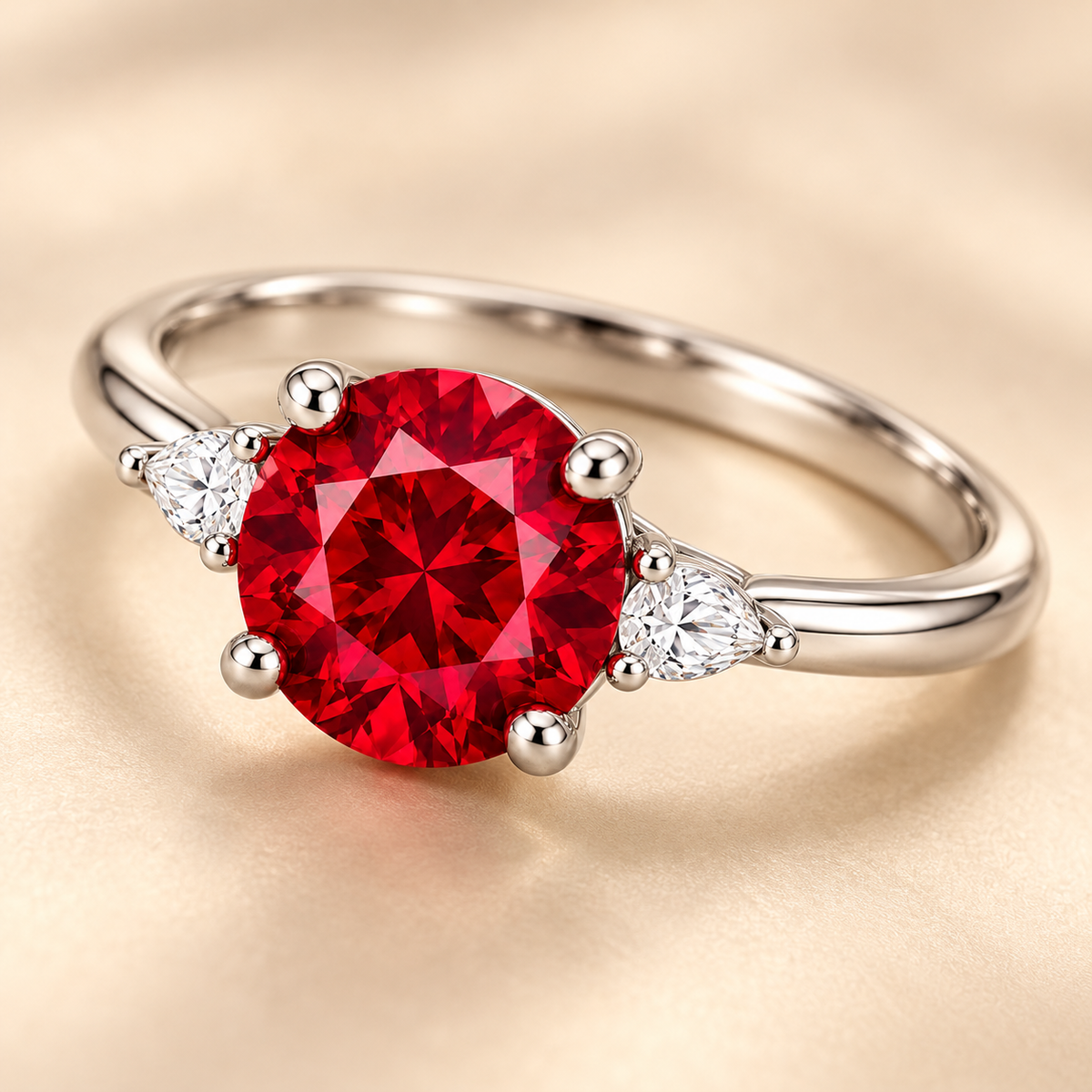 MISSISSI Crimson Trio Lab-Grown Ruby & Diamond Ring, three-quarter view; design visualization