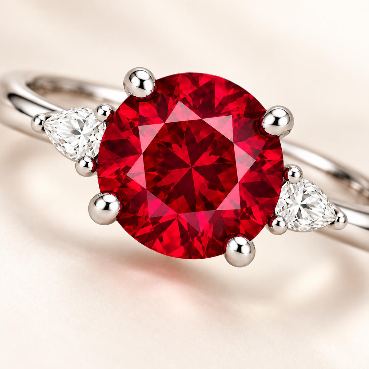 MISSISSI Crimson Trio Lab-Grown Ruby & Diamond Ring, close gemstone detail; design visualization