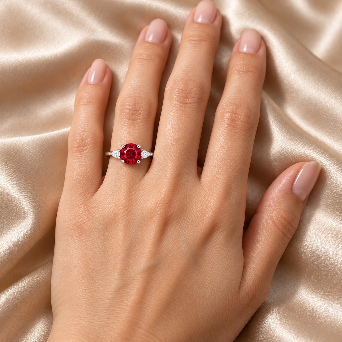 MISSISSI Crimson Trio Lab-Grown Ruby & Diamond Ring, wearing view; design visualization