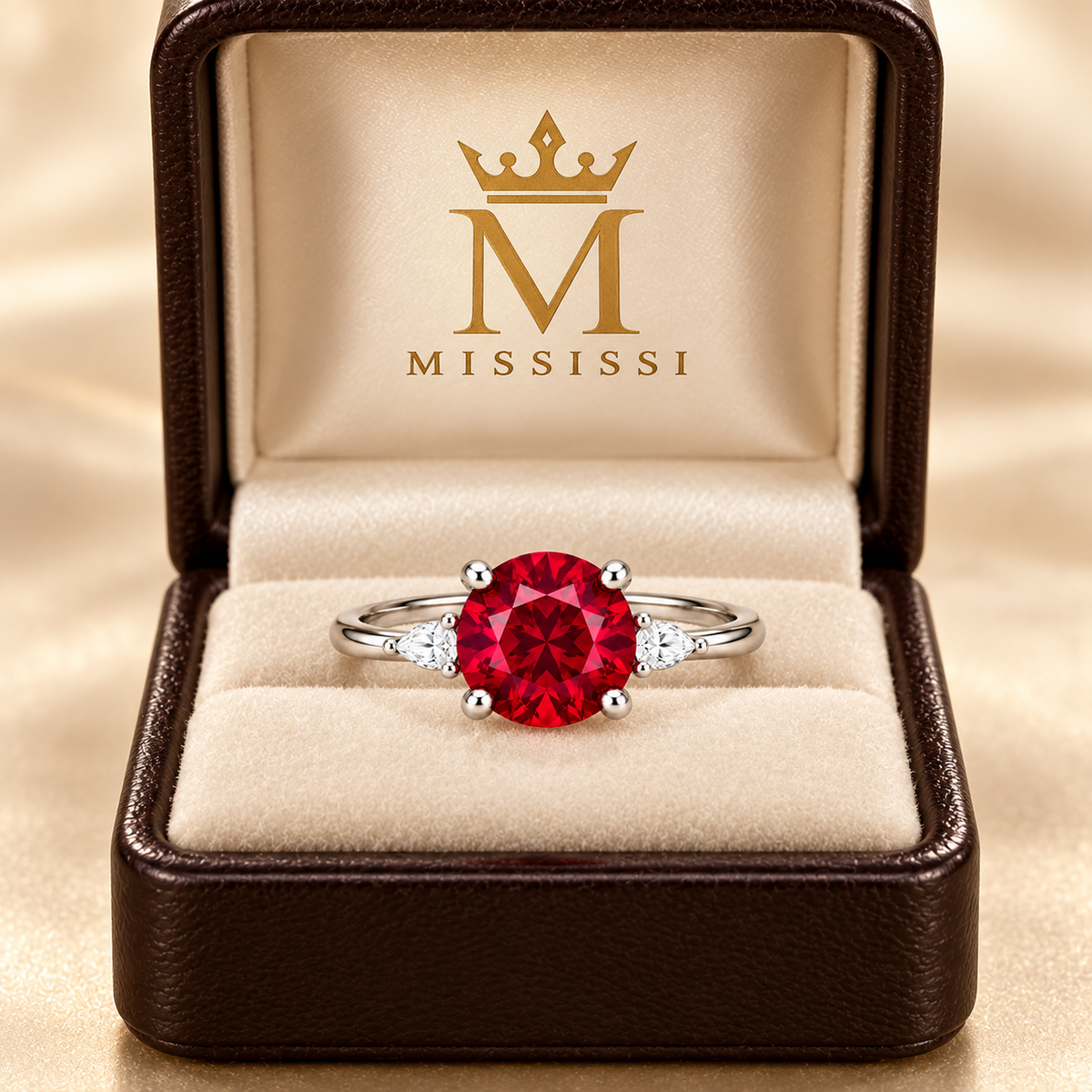 MISSISSI Crimson Trio Lab-Grown Ruby & Diamond Ring, branded packaging view; design visualization