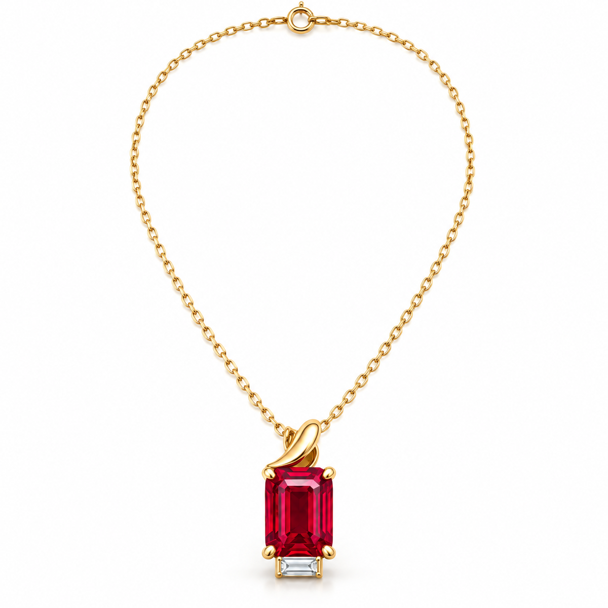 MISSISSI MN01 yellow-gold emerald-cut lab-grown ruby pendant with folded bail and one baguette accent, main design visualization