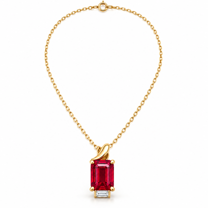 MISSISSI MN01 yellow-gold emerald-cut lab-grown ruby pendant with folded bail and one baguette accent, main design visualization