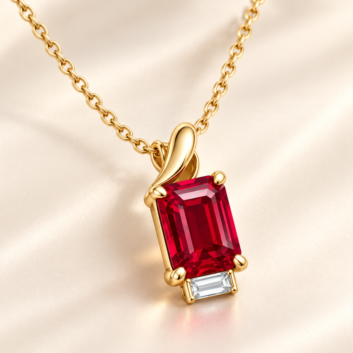 MISSISSI MN01 yellow-gold emerald-cut lab-grown ruby pendant with folded bail and one baguette accent, three quarter design visualization