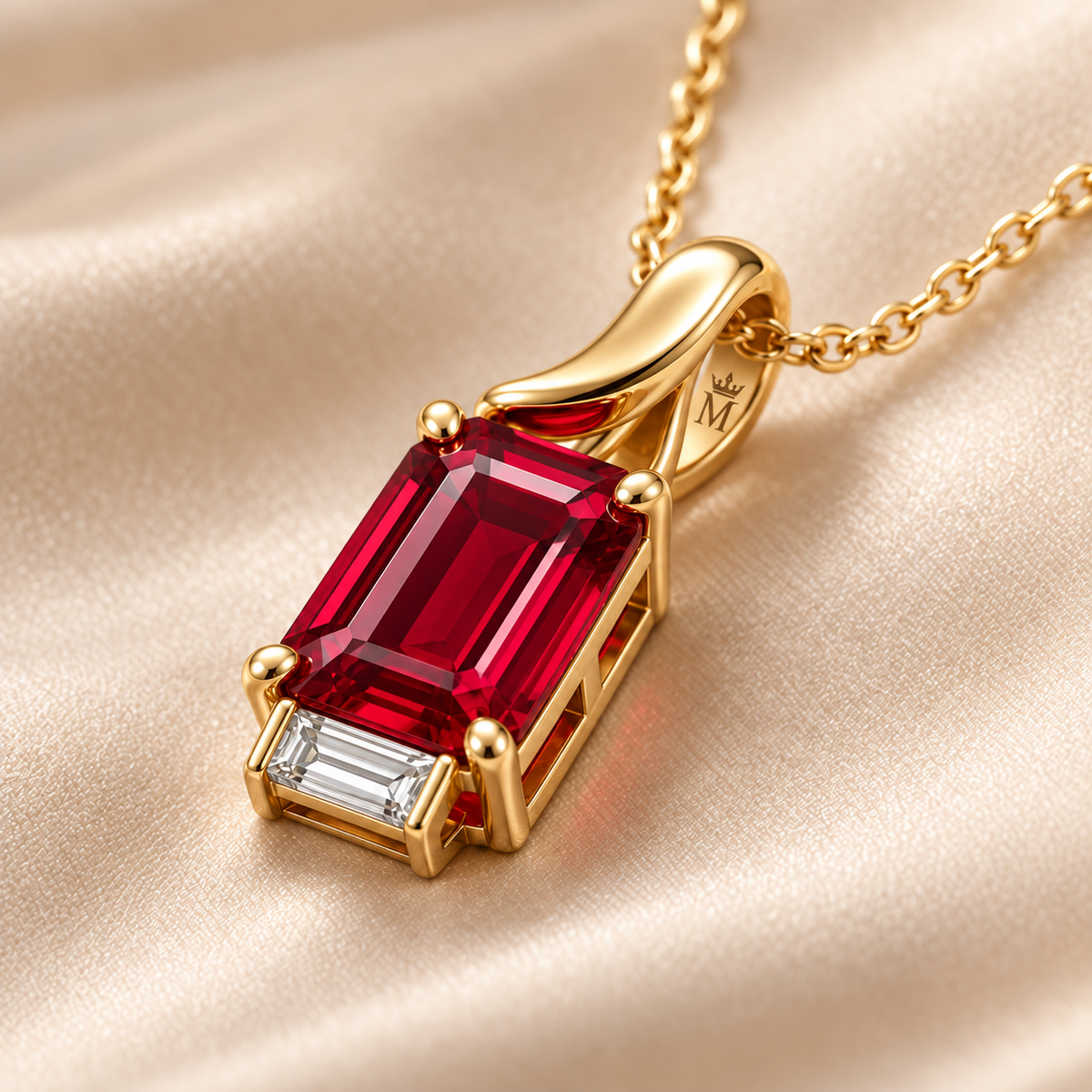 MISSISSI MN01 yellow-gold emerald-cut lab-grown ruby pendant with folded bail and one baguette accent, setting design visualization