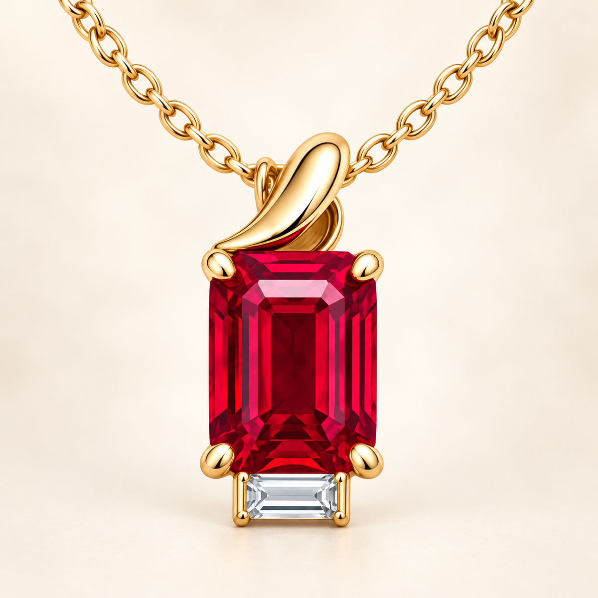 MISSISSI MN01 yellow-gold emerald-cut lab-grown ruby pendant with folded bail and one baguette accent, front macro design visualization
