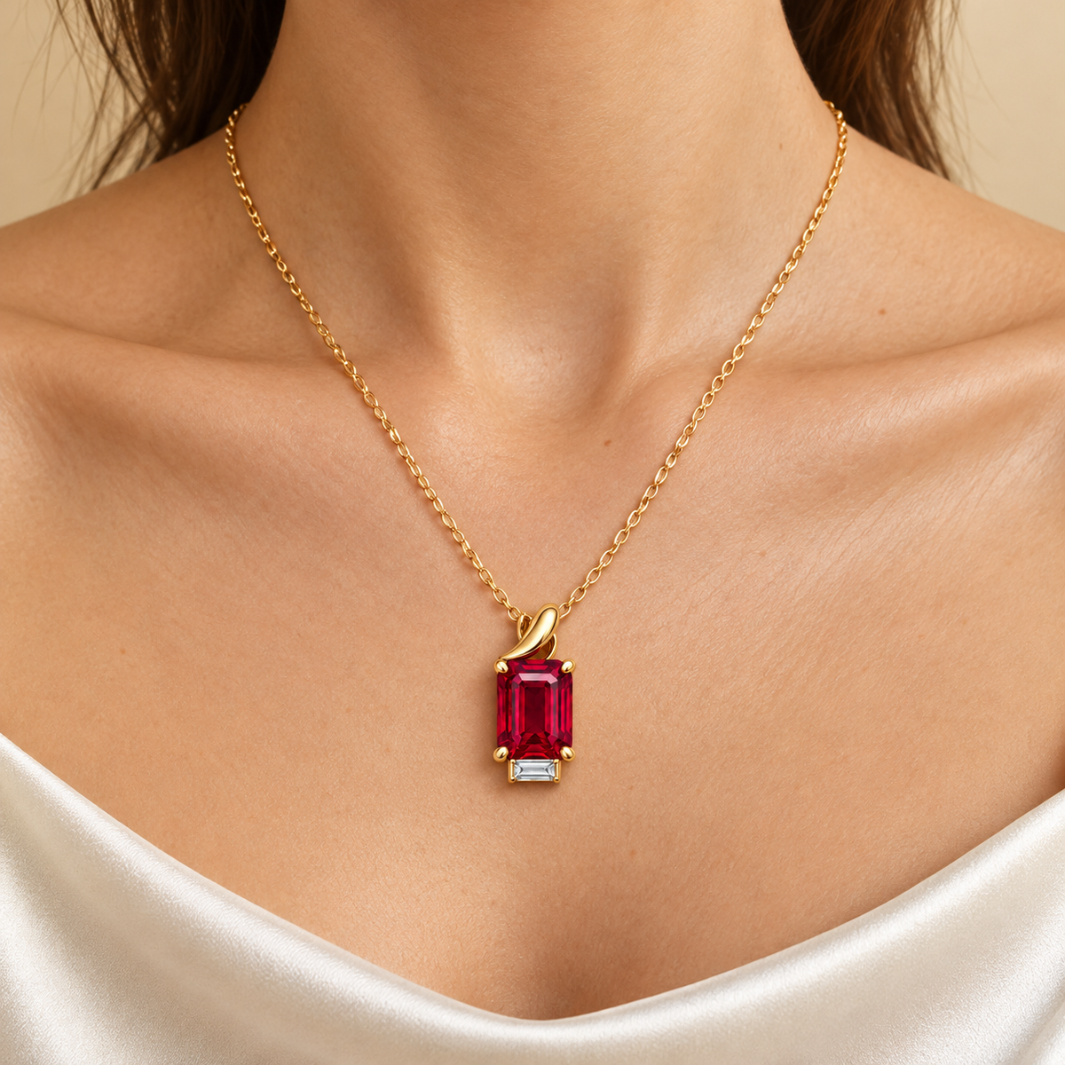 MISSISSI MN01 yellow-gold emerald-cut lab-grown ruby pendant with folded bail and one baguette accent, model design visualization