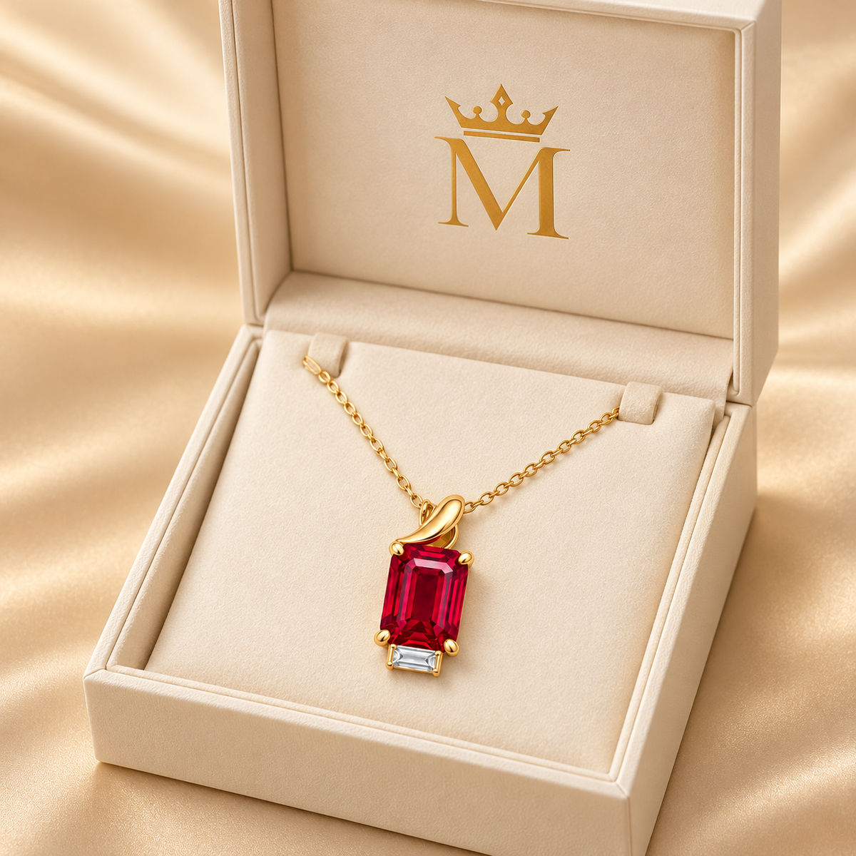MISSISSI MN01 yellow-gold emerald-cut lab-grown ruby pendant with folded bail and one baguette accent, packaging design visualization