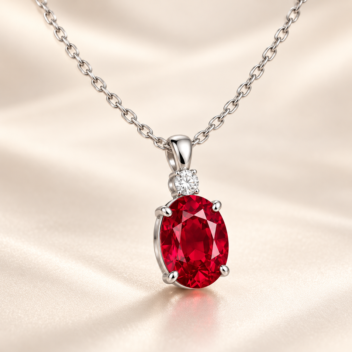 MISSISSI MN02 white-gold oval lab-grown ruby pendant with one round accent and plain bail, three quarter design visualization