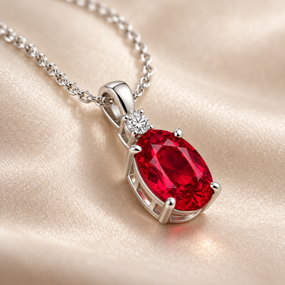 MISSISSI MN02 white-gold oval lab-grown ruby pendant with one round accent and plain bail, setting design visualization