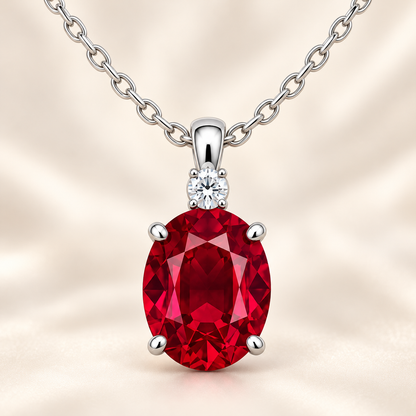 MISSISSI MN02 white-gold oval lab-grown ruby pendant with one round accent and plain bail, front macro design visualization