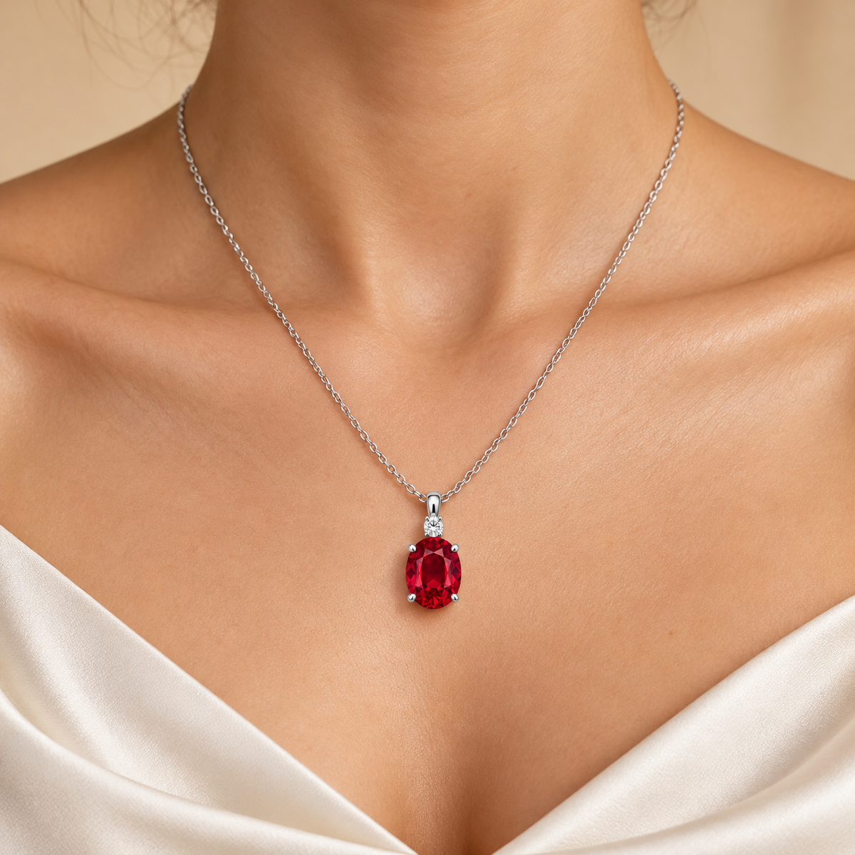 MISSISSI MN02 white-gold oval lab-grown ruby pendant with one round accent and plain bail, model design visualization