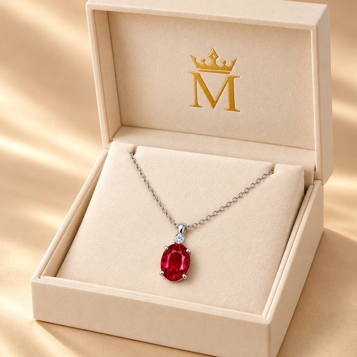 MISSISSI MN02 white-gold oval lab-grown ruby pendant with one round accent and plain bail, packaging design visualization