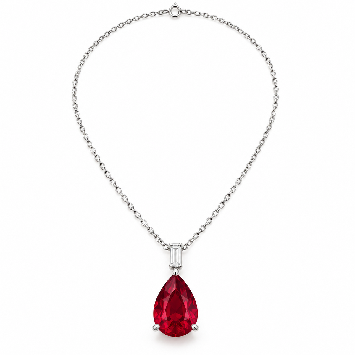 MN04 pear-shaped lab-grown ruby necklace, clean white front view with one vertical baguette lab-grown diamond; design visualization