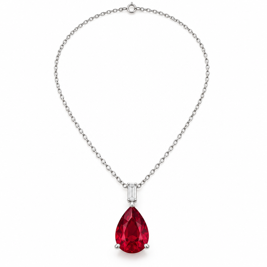 MN04 pear-shaped lab-grown ruby necklace, clean white front view with one vertical baguette lab-grown diamond; design visualization