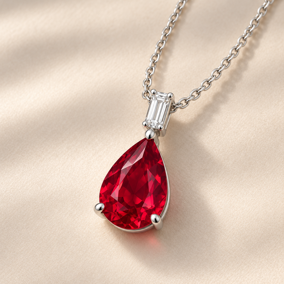 MN04 pear ruby pendant in a three-quarter view on champagne background; design visualization