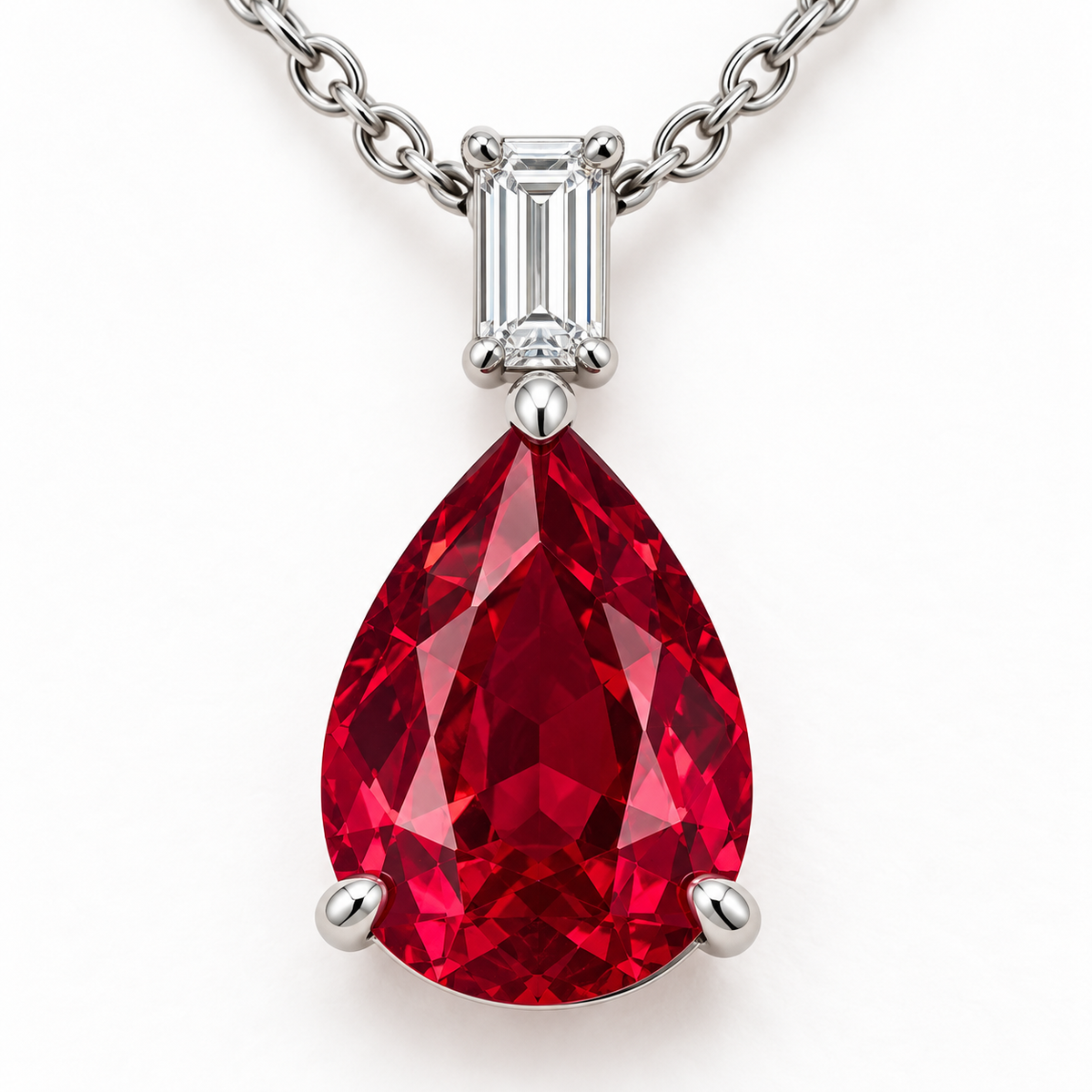 MN04 macro view of pear ruby, three-prong setting and baguette diamond connector; design visualization