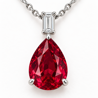 MN04 macro view of pear ruby, three-prong setting and baguette diamond connector; design visualization