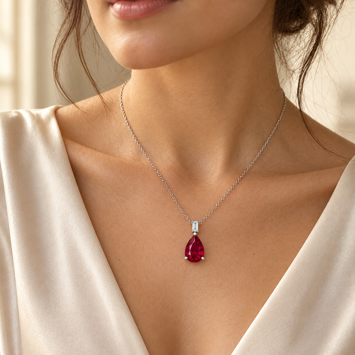 Adult model wearing MN04 pear ruby necklace, illustrative scale; design visualization