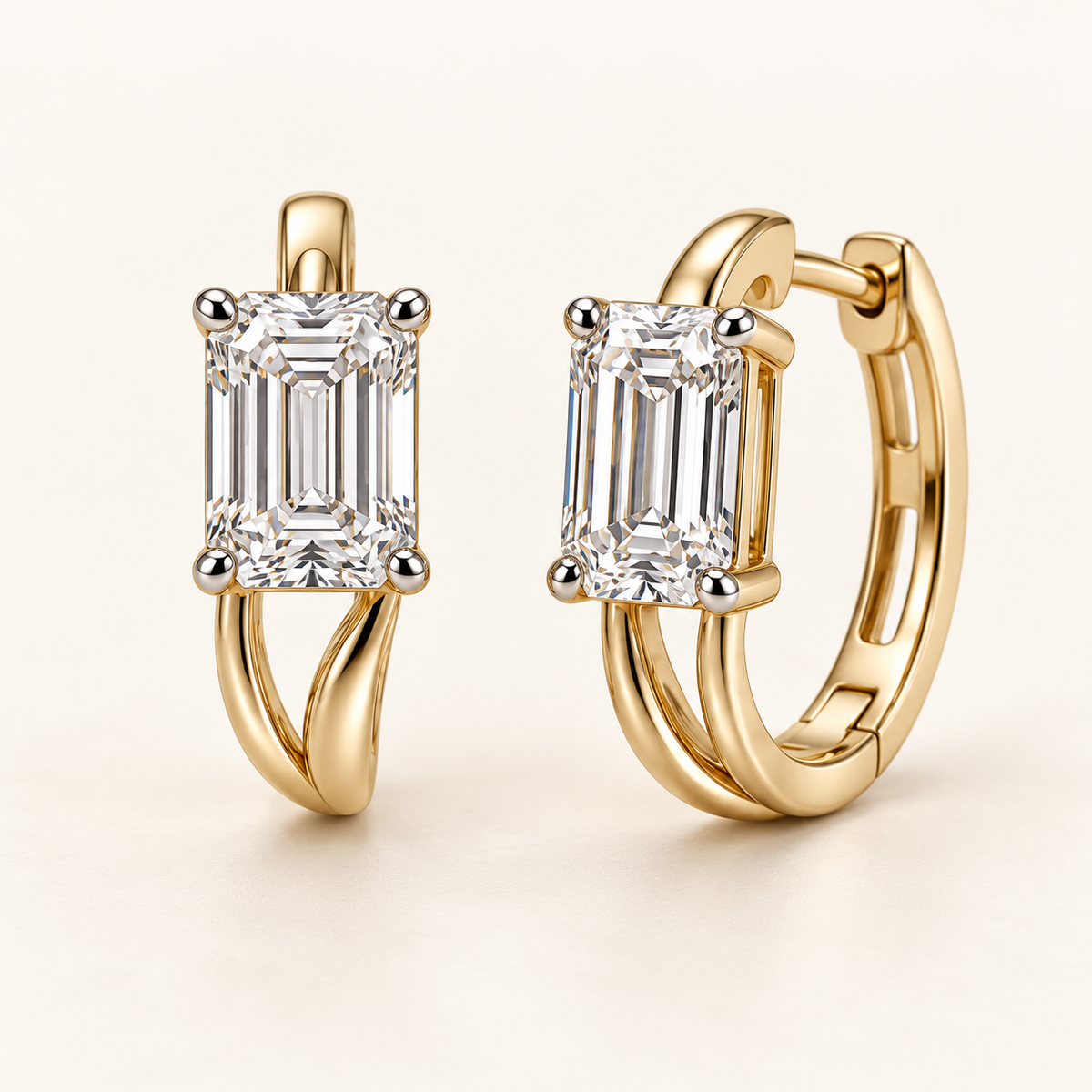 AI design visualization of Steplight Emerald-Cut Lab-Grown Diamond Huggie Earrings — hero
