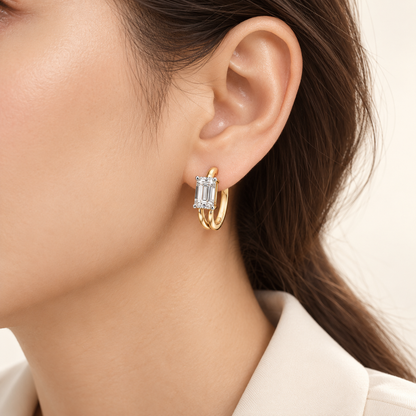 AI design visualization of Steplight Emerald-Cut Lab-Grown Diamond Huggie Earrings — wear visualization