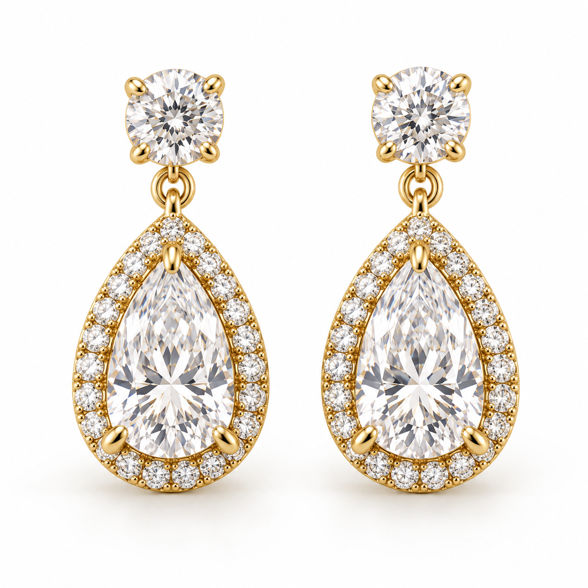 MISSISSI pear-halo lab-grown diamond drop earrings in yellow gold, matching pair shown from the front