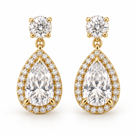 MISSISSI pear-halo lab-grown diamond drop earrings in yellow gold, matching pair shown from the front