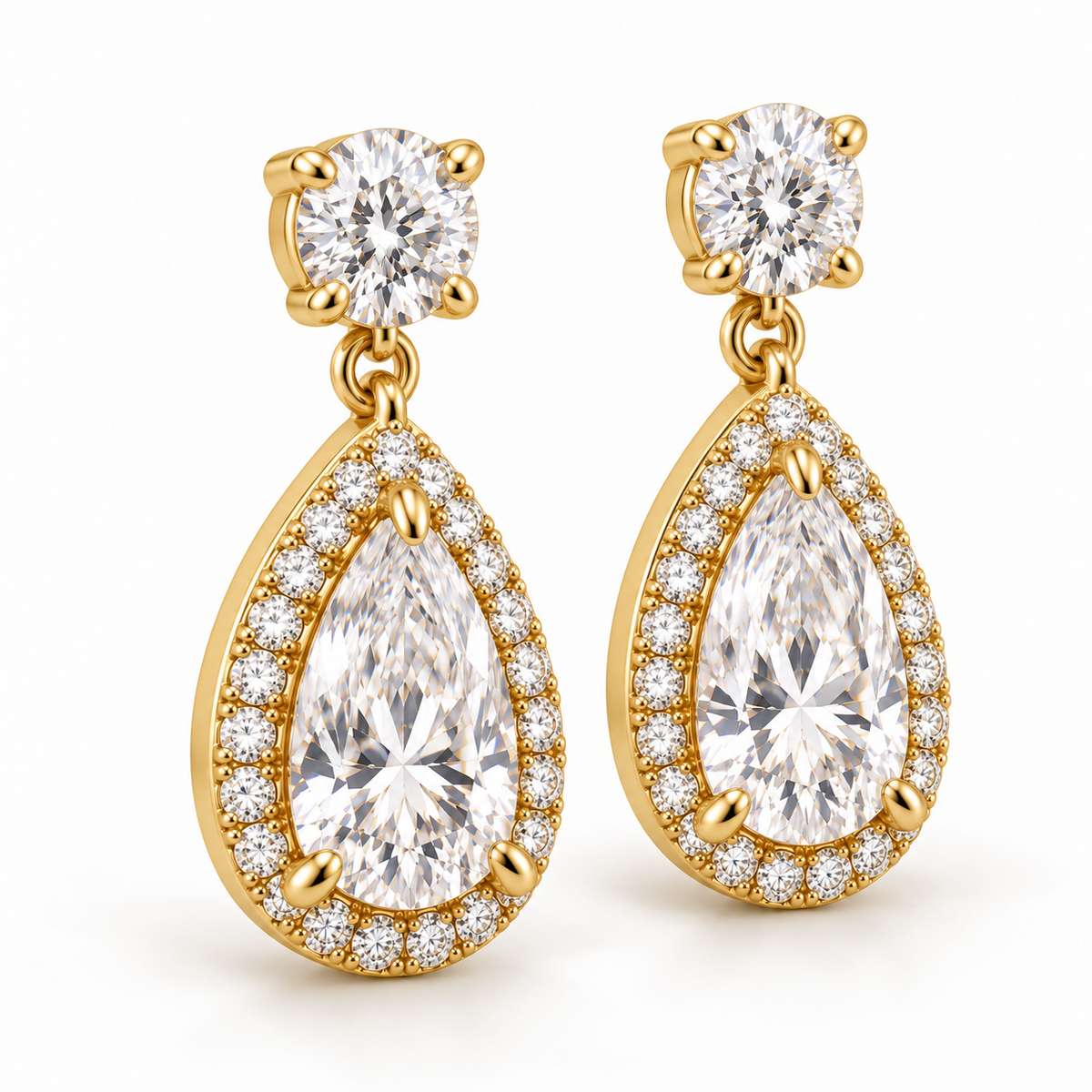 MISSISSI pear-halo lab-grown diamond drop earrings in yellow gold, matching pair in an alternate view