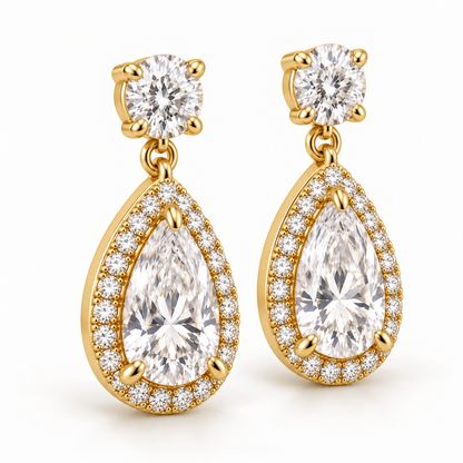 MISSISSI pear-halo lab-grown diamond drop earrings in yellow gold, matching pair in an alternate view