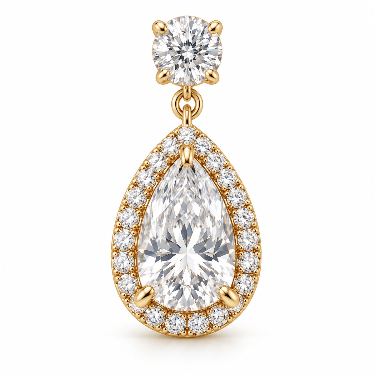 MISSISSI pear-halo lab-grown diamond drop earrings in yellow gold, close detail of one pear-halo drop and round top