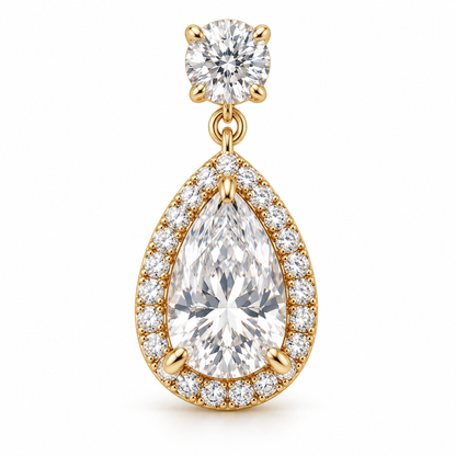MISSISSI pear-halo lab-grown diamond drop earrings in yellow gold, close detail of one pear-halo drop and round top