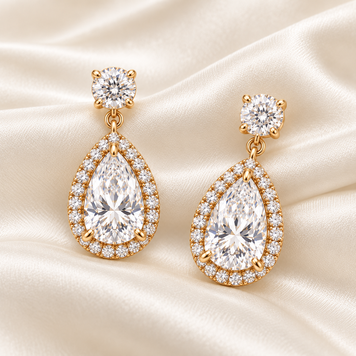 MISSISSI pear-halo lab-grown diamond drop earrings in yellow gold, matching pair styled on ivory silk
