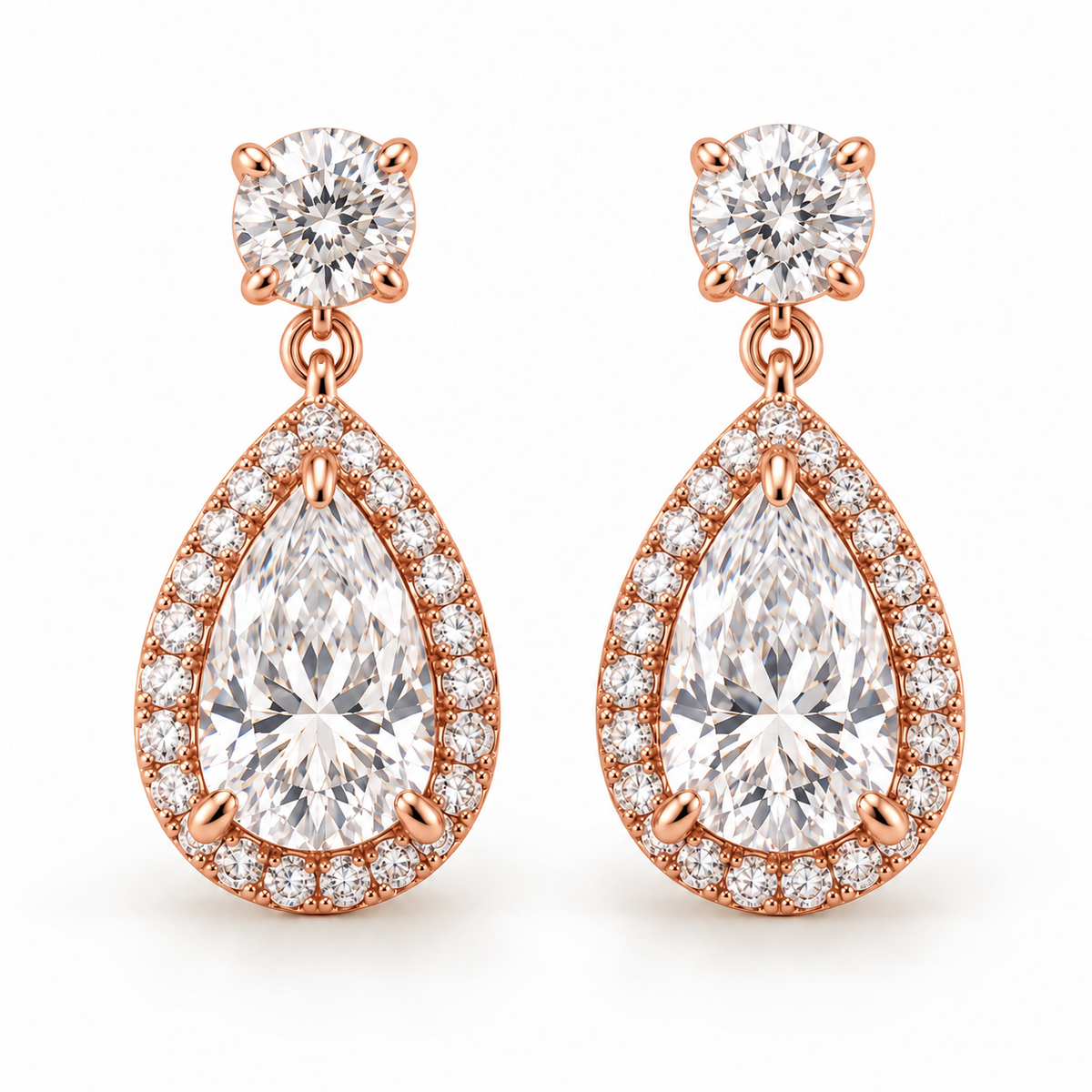 MISSISSI pear-halo lab-grown diamond drop earrings in rose gold, matching pair shown from the front