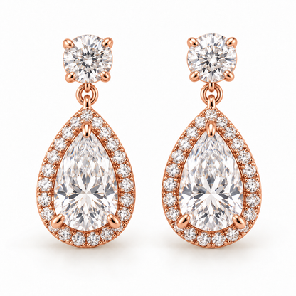 MISSISSI pear-halo lab-grown diamond drop earrings in rose gold, matching pair shown from the front