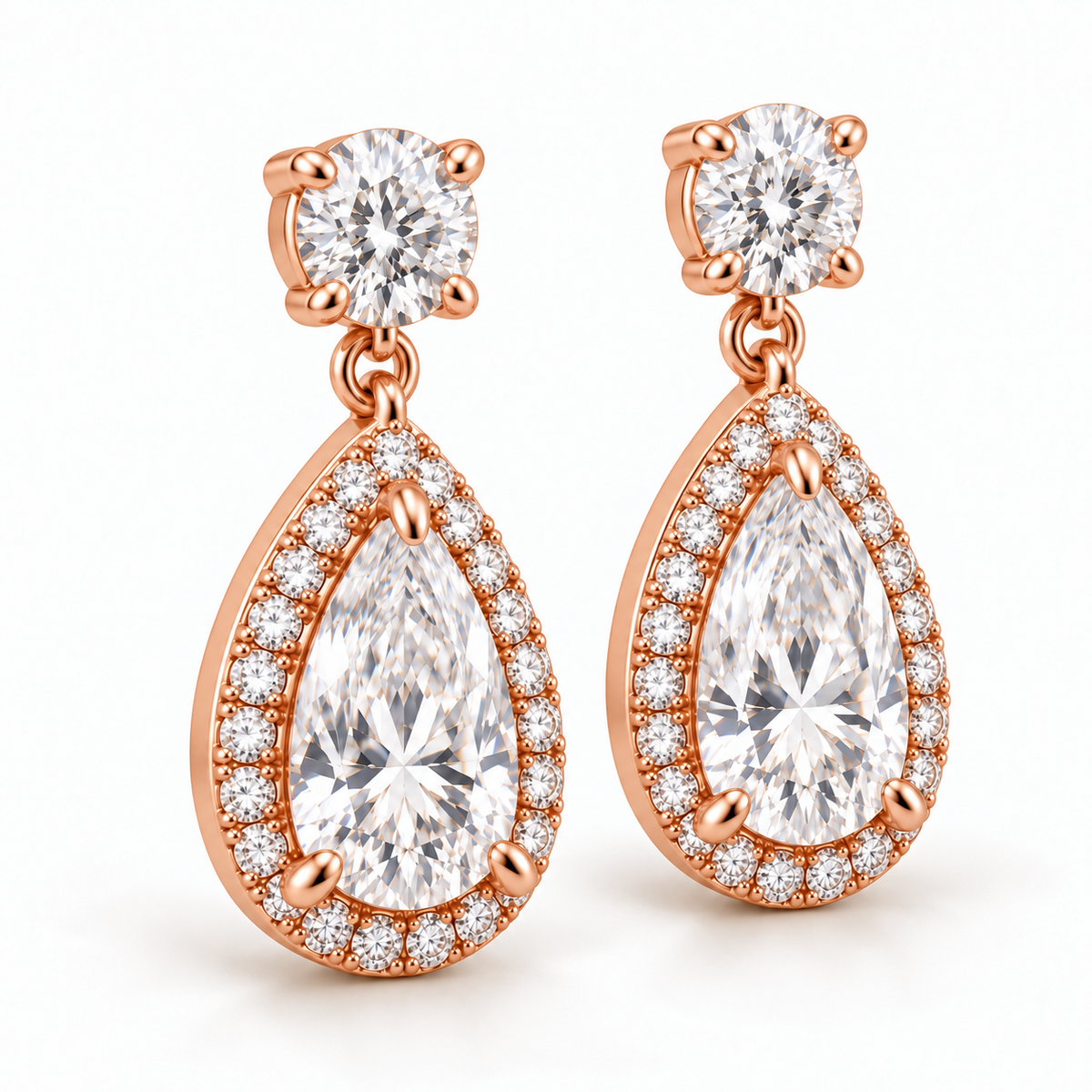MISSISSI pear-halo lab-grown diamond drop earrings in rose gold, matching pair in an alternate view