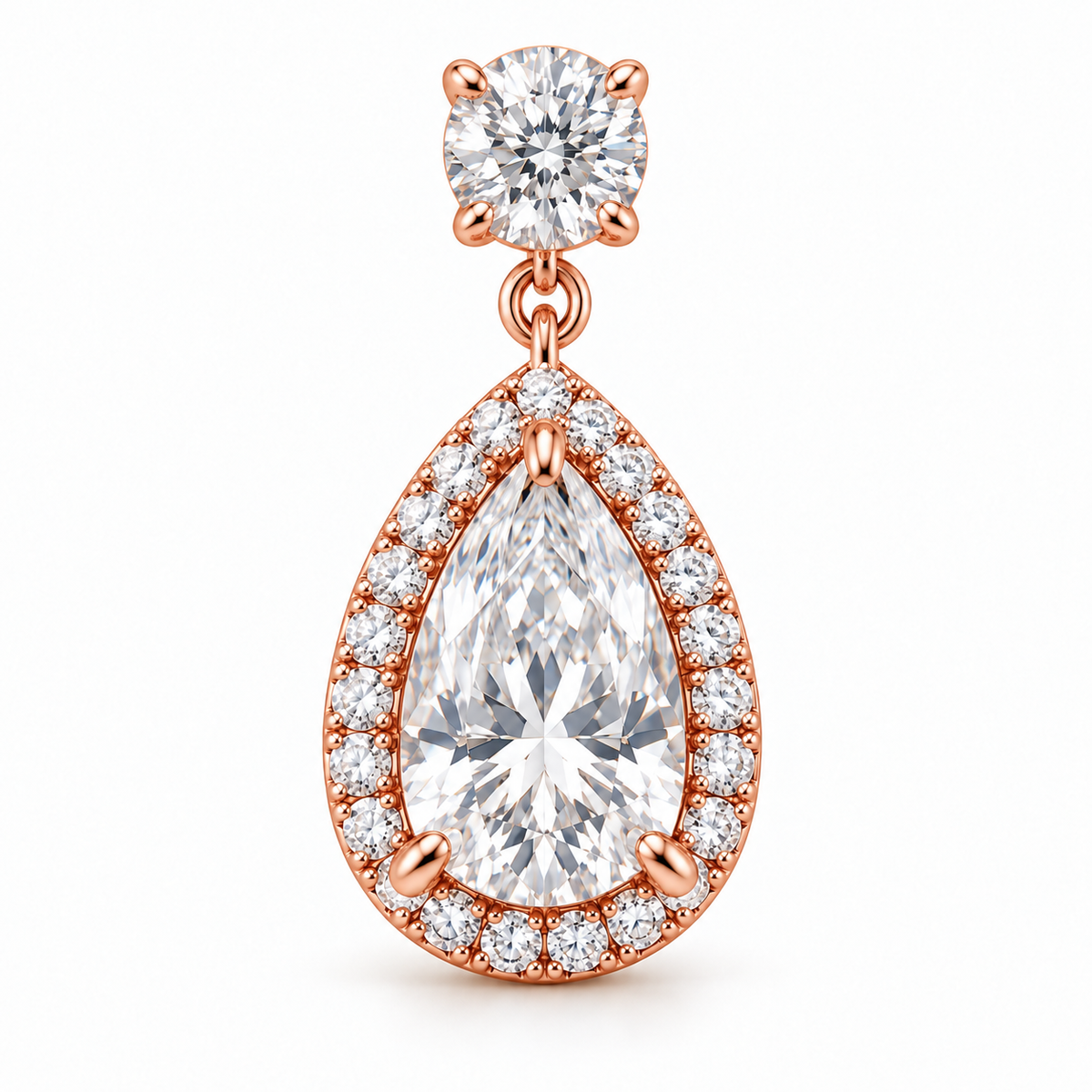 MISSISSI pear-halo lab-grown diamond drop earrings in rose gold, close detail of one pear-halo drop and round top