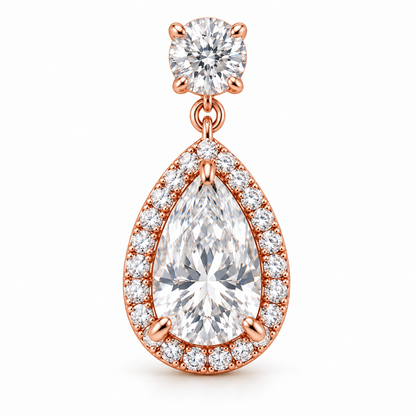 MISSISSI pear-halo lab-grown diamond drop earrings in rose gold, close detail of one pear-halo drop and round top