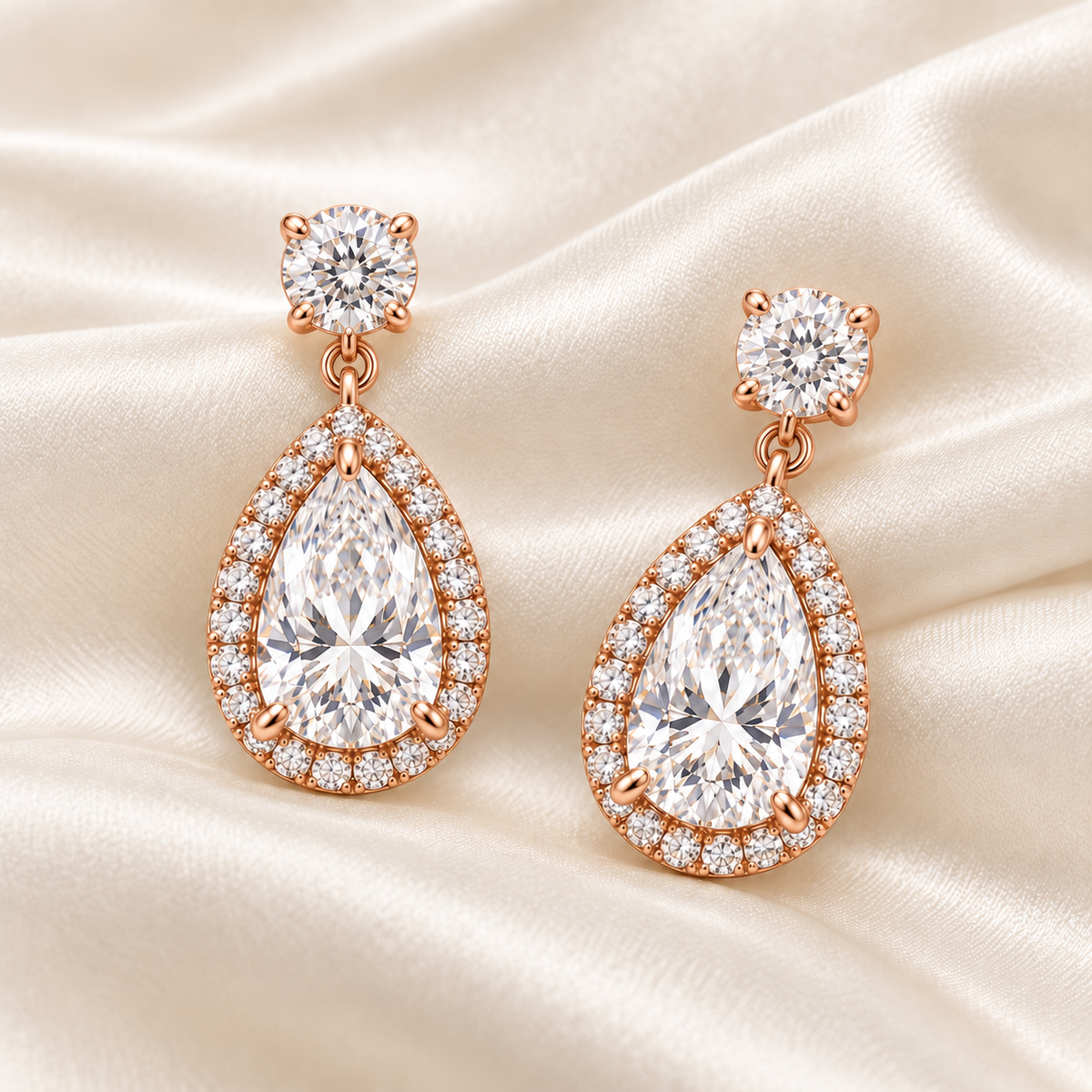 MISSISSI pear-halo lab-grown diamond drop earrings in rose gold, matching pair styled on ivory silk