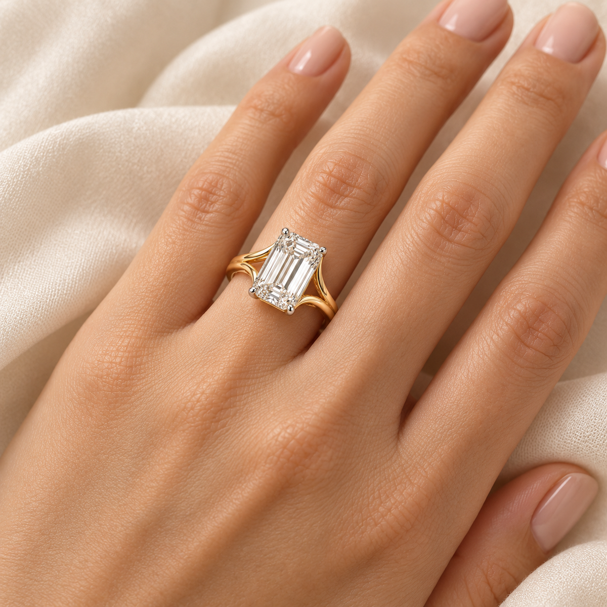 AI design visualization of Twin Tide Emerald-Cut Lab-Grown Diamond Ring — wear visualization